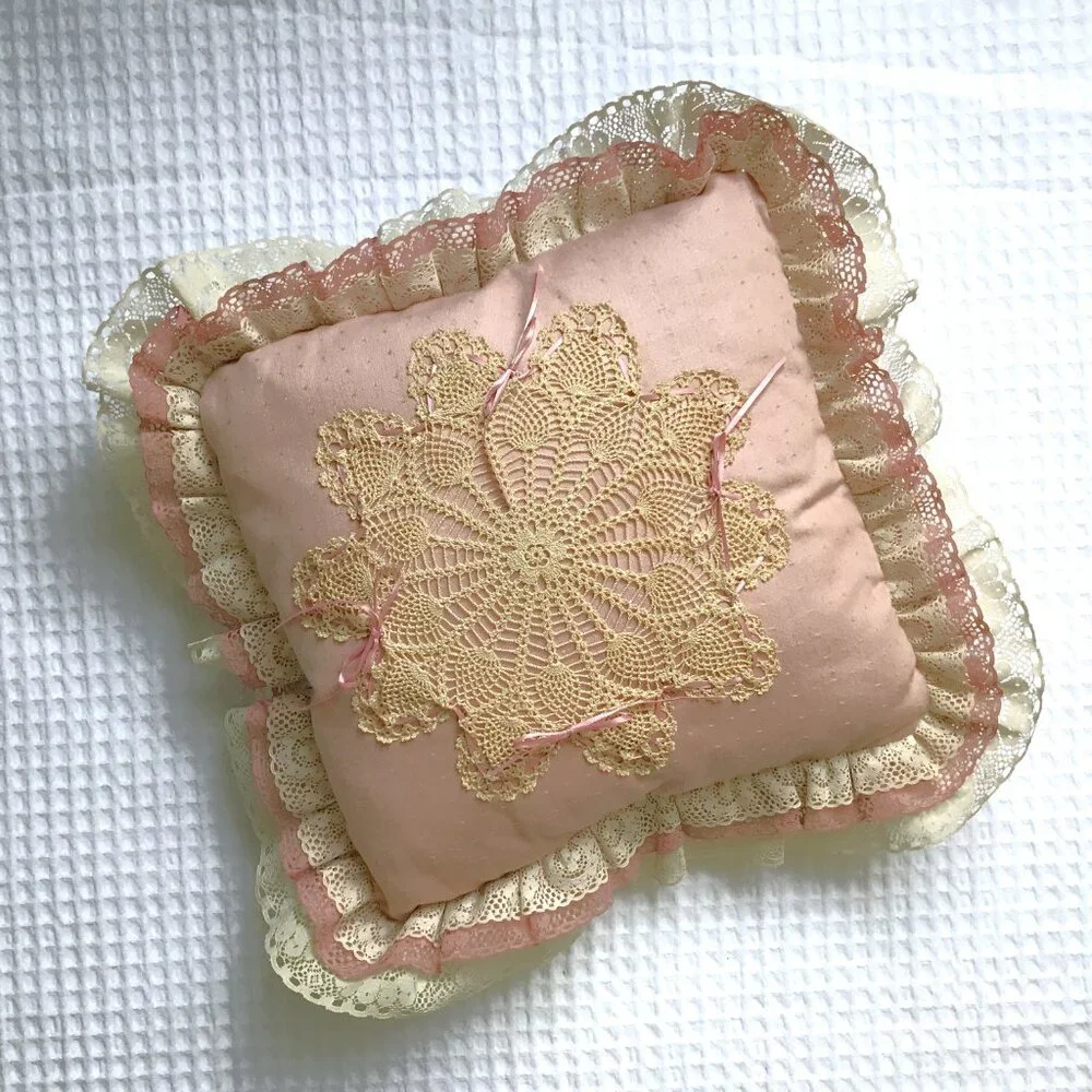 Vintage Shabby Chic Accent Pillow Pink Ivory Lace